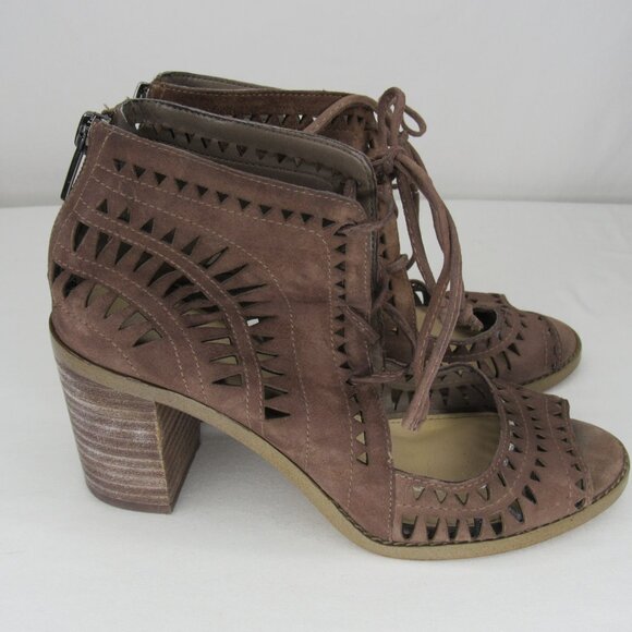 Vince Camuto Tan Suede Leather TARITA Sandal Cut Out Stacked Heel Women's 5.5 - Picture 5 of 10